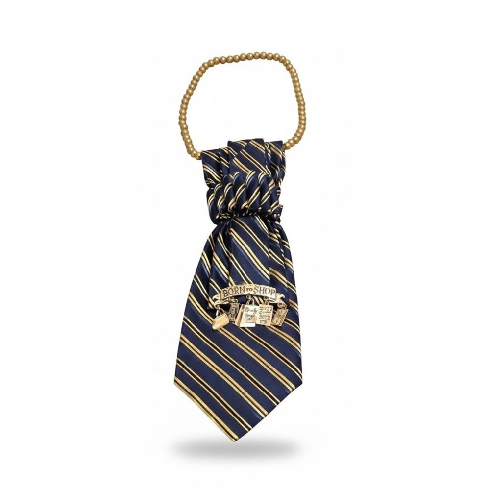Born To Shop Novelty Tie Necklace With Gold Charms & Navy Striped Design